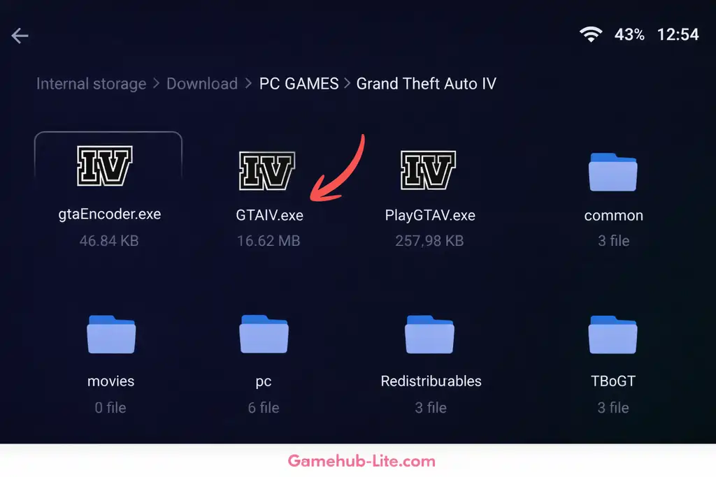 Android file manager showing GTAIV.exe used to launch Grand Theft Auto IV in the GameHub Lite emulator.