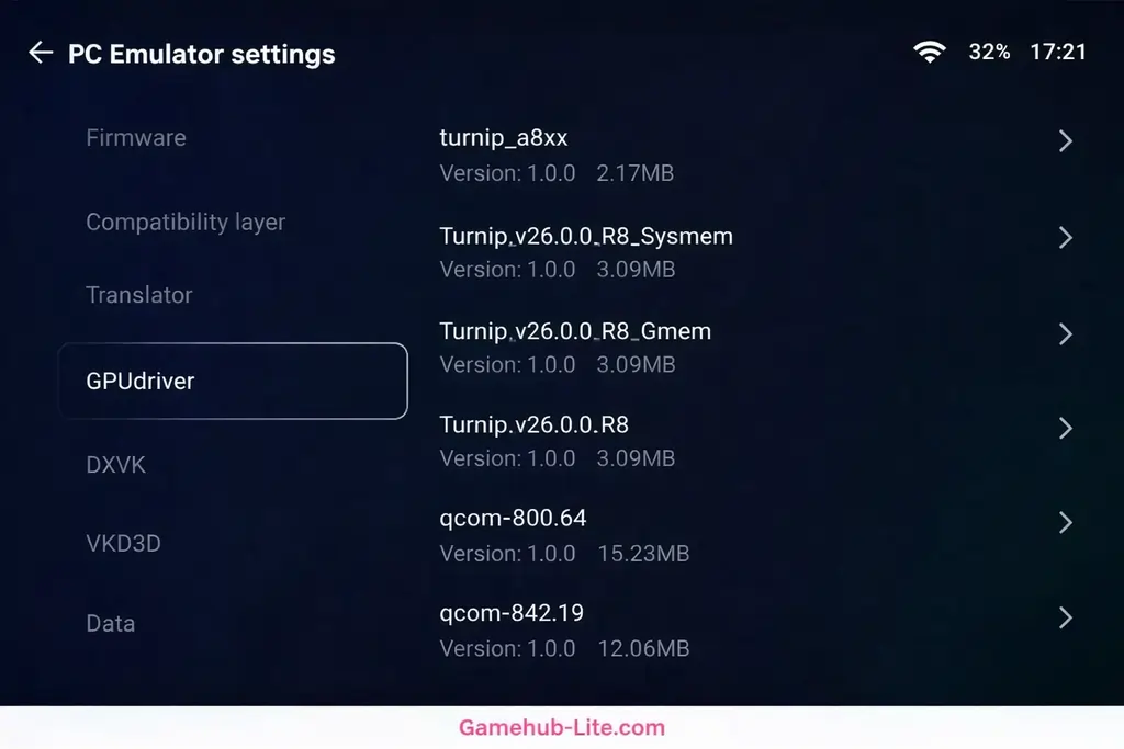 GameHub Lite PC emulator settings showing GPU driver options and Turnip drivers on Android device