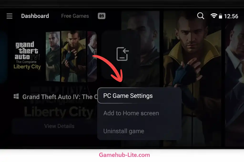 GameHub Lite Android emulator interface showing PC Game Settings for Grand Theft Auto IV.