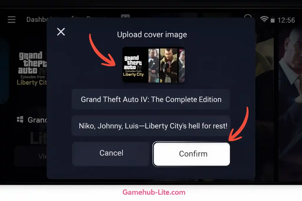 GameHub Lite emulator showing upload cover image window for Grand Theft Auto IV Complete Edition on Android