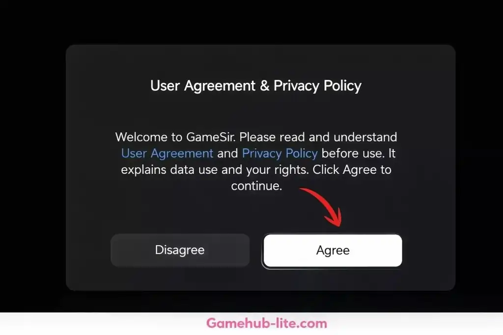 GameSir user agreement and privacy policy popup with agree button highlighted