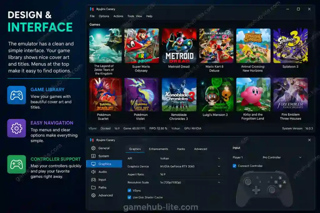Ryujinx Canary emulator interface showing game library, settings tabs, controller setup, and clean modern UI with GameHub-Lite watermark.